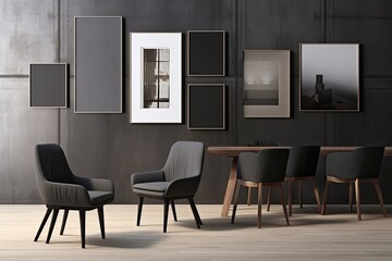 mock-up of a poster gallery wall with six frames in a space that is entirely pastel black and dark gray, with a single chair and no plants. Generative AI