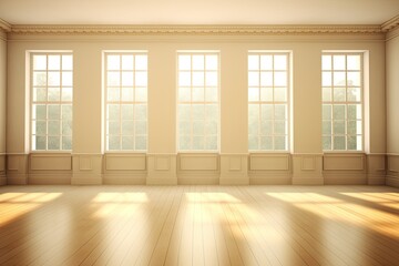 Obraz premium A vacant corner of the room with beige walls, three sizable windows in white, a light glossy parquet floor, and a white plinth. With a Work Path on the Windows, the perspective view. Generative AI