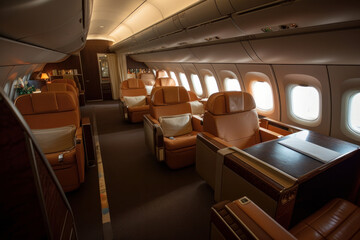 A close-up of a passenger's seat on a plane, with a tray table, entertainment screen, and headphones AI Generative.