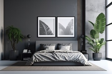 A gray bed, a light, and a horizontal poster in a frame are all present in the black bedroom corner. a mockup Generative AI