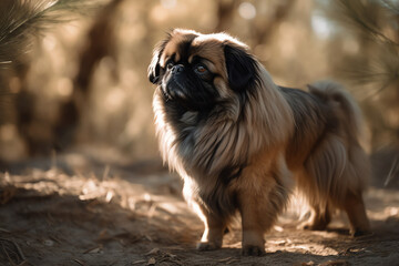 A Pekingese dark brown dog standing outside in nature; illustration created using generative AI