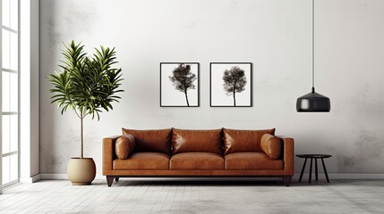 Mockup of a wall in a contemporary living room, featuring a brown leather sofa and black home furnishings against a stark white background. Generative AI