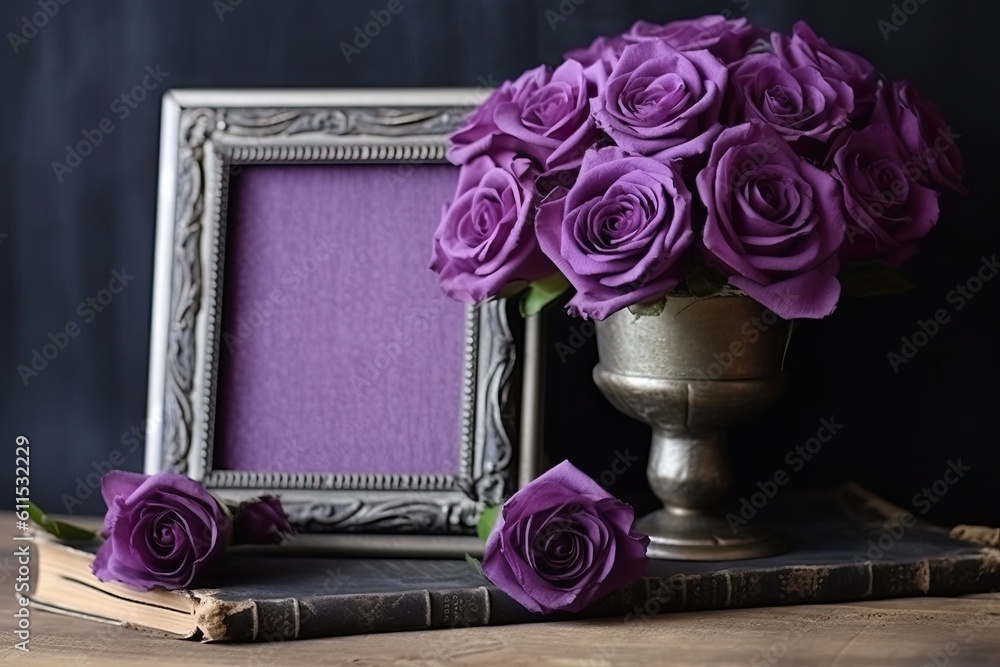 Poster beautiful violet roses with an empty picture frame on a wooden shelf generative ai