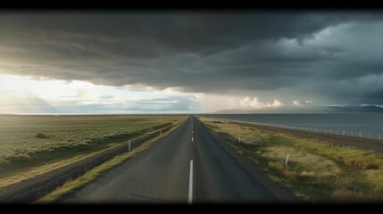 View from afar on the road, dust in the air before a storm or thunderstorm. Generative AI