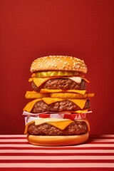 layered burger on red background. Generative AI