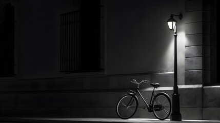 Bicycle on the street. Black and white. Generative AI.