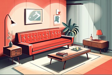 An illustration of a contemporary living room with a red sofa and a console cabinet on the wall Generative AI