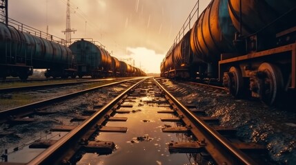 Obraz premium unclaimed rusty freight wagons derailed or on abandoned branches. wartime, crisis, misfortune, disaster. environment and insurance concept.Generative AI 