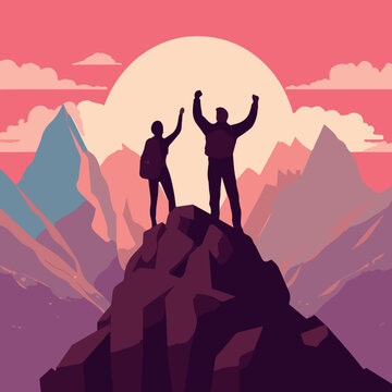 Two People Celebrating On Top Of A Mountain