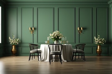 chairs in a traditional dining room are green. Numerous flower pots and stucco on the walls. Mockup Generative AI