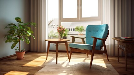a modest room with a wooden coffee table and a blue armchair Generative AI