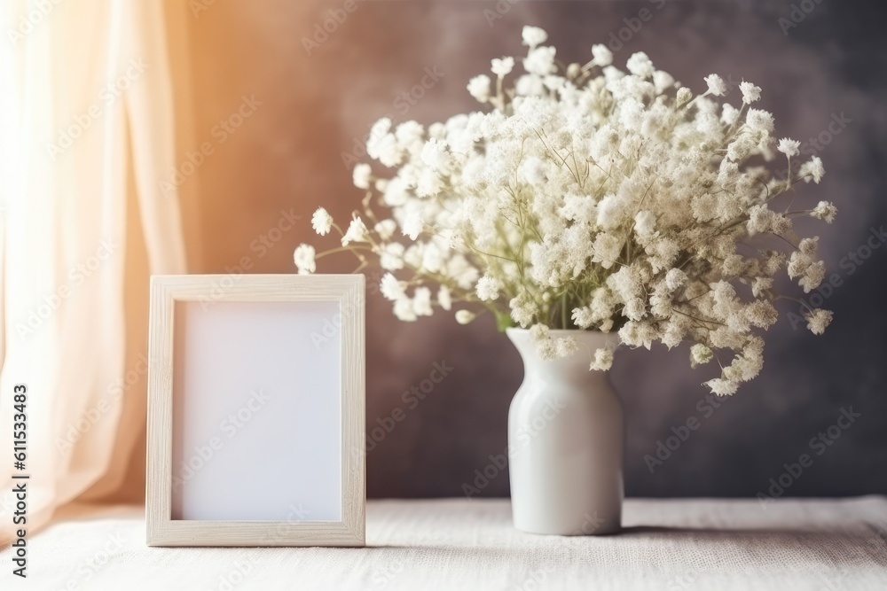 Poster gypsophila flowers in light and shadows with a white photo frame serve as a mockup. still image gene