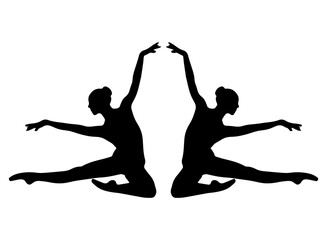 Vector illustration. Silhouette of a woman ballerina on stage. Ballet. Two girls.