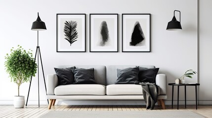 A mockup of three poster frames in a contemporary, minimalist living room with a sofa, white walls, wood floors, and a gray carpet is displayed. The background is modern, with a Generative AI