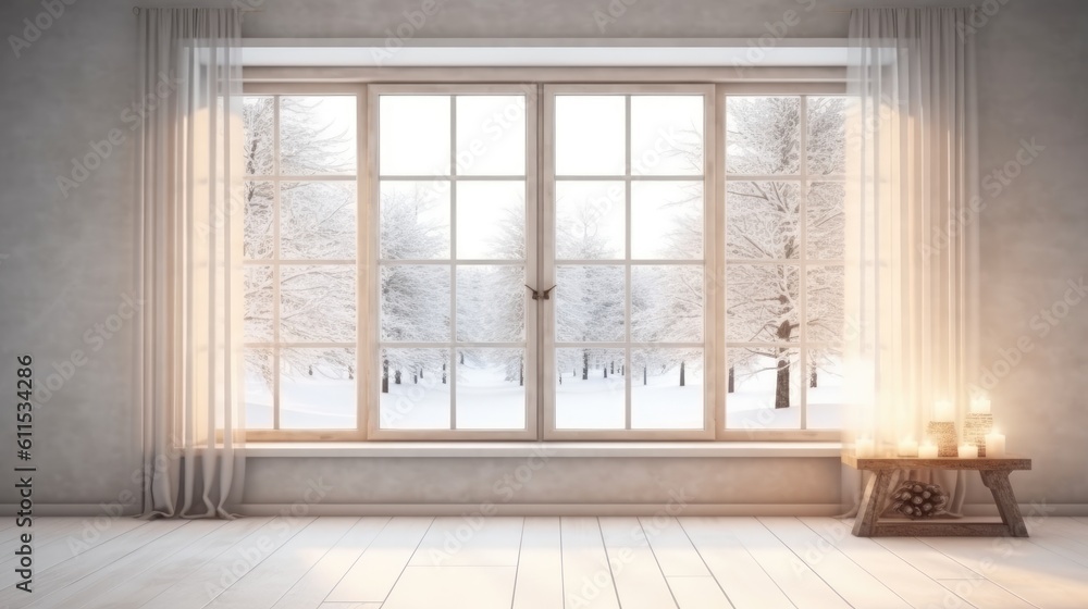 Poster window view of a wintery scene in a white, empty room. scandinavian style in decorating. generative 