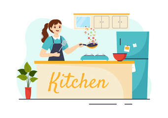 Kitchen Architecture Vector Illustration with Furniture and Interior such as Table, Stove and Fridge in Flat Cartoon Hand Drawn Background Templates