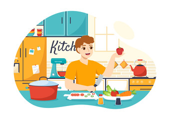 Kitchen Architecture Vector Illustration with Furniture and Interior such as Table, Stove and Fridge in Flat Cartoon Hand Drawn Background Templates