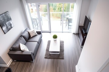 View from above of a straightforward living room with a wooden coffee table and a gray couch with a decorative pillow. Generative AI
