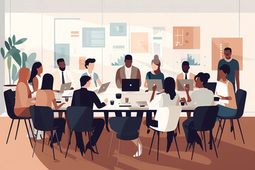 Diverse Professional Business Meeting: diverse professionals sitting around a conference table, engaged in a discussion in a collaborative and productive atmosphere - obrazy, fototapety, plakaty