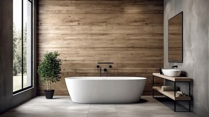 Fototapeta na wymiar Bathroom interior with concrete floor, wooden walls, loft window, white bathtub with poster, and shower stall. a mockup Generative AI