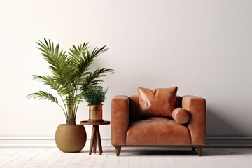 Illustration of a living room interior wall mockup with a tan brown leather armchair, a pillow, and a green plant in a container against a blank white wall. Generative AI