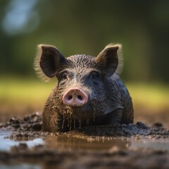 AI Generative. A pig rolling in a muddy puddle