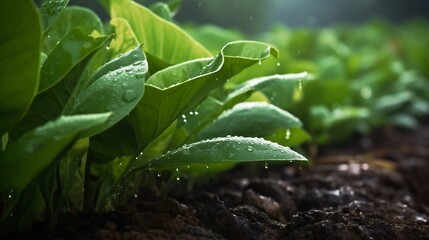 AI Generative. The soft pitter-patter of raindrops on vegetable leaves leaves