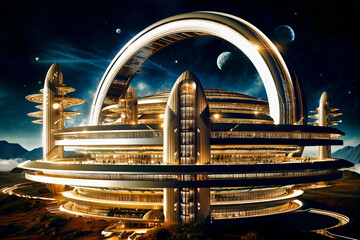 Space Tourism: A futuristic space hotel orbits the Earth. 