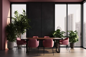 Interior of a dining room with a table and four pink chairs on a parquet floor and a plant in a pot next to a panoramic city view. blank wall, empty copy space Generative AI