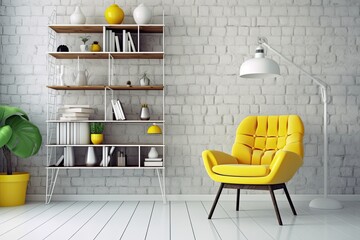 Stylish new interior with a white rack and a contemporary yellow chair. Horizontal grouping. Generative AI