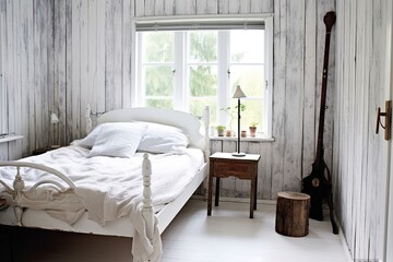 In a white, poster-adorned, basic bedroom, a lamp sits atop a wooden stool next to the bed. real picture Generative AI