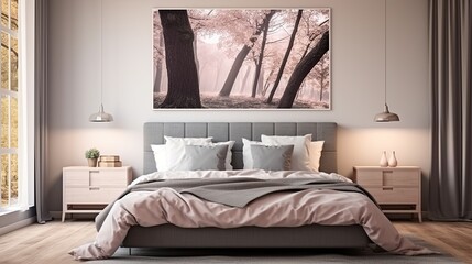 A double bed is located in the interior bedroom corner. Pillows in white and gray with gray bedding. Above the bed, there is a horizontal poster hanging. a mockup Toned picture. Generative AI