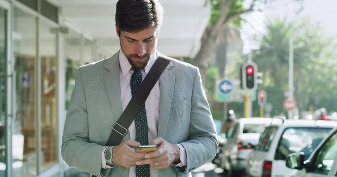 Phone, walking and city business man typing corporate email, search online website or check blog notification. Outdoor, mobile app and male businessman on morning commute, travel or journey to work