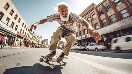 an old man riding a skateboard fast in the city,Generative AI. - obrazy, fototapety, plakaty