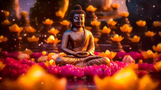Buddha statue at night with lotus flower