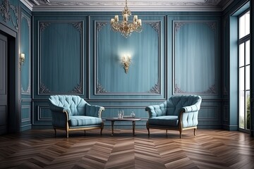 Two armchairs and a blue couch are in an apartment's interior. The floor is parquet. mockup copy space for a wall Generative AI