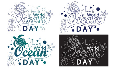 Happy World oceans day lettering text line art with the underwater ocean, shiny light coral, sea plants, fish, sea stars, and turtles.