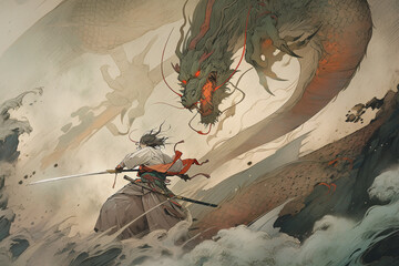 A samurai fighting with a dragon. The samurai, a master of the blade, engages in a fierce duel with the mythical creature. Generative AI.