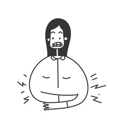 hand drawn doodle girl with abdominal stomach pain illustration