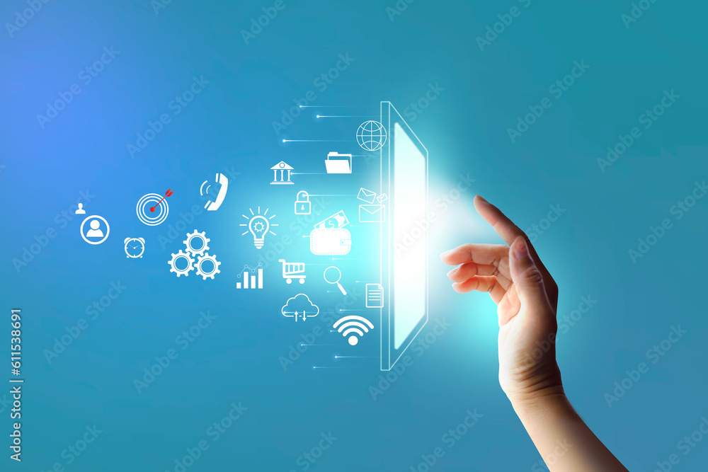 Poster businessman touching visual screen mobile phone interface icons on strategy, solution analysis and d
