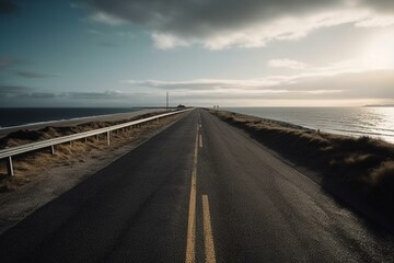 Obraz na płótnie Canvas Long road stretching into the horizon, ending at the sea. Generative AI