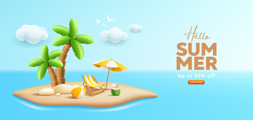 Fototapeta na wymiar Coconut tree, beach umbrella, beach chair, pile of sand, on sand beach banner design background, EPS 10 vector illustration 