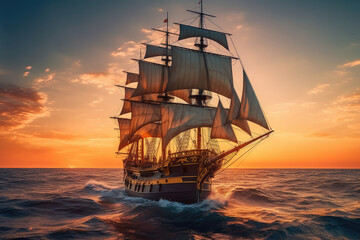 A Pirate Ship Sailing on Sea during Golden Hour