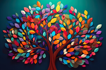 Elegant colorful tree with vibrant leaves hanging branches illustration background. Bright color 3d abstract wallpaper for interior mural painting wall art decor. Generative AI