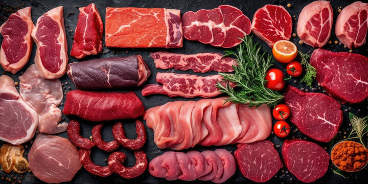 different type of meats laying in supermarket , look from above , carnivore diet