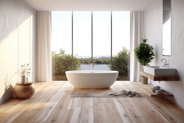Fototapeta premium Interior of a minimalist bathroom including a white bathtub, tall windows, white walls, and a hardwood floor. a top view Generative AI