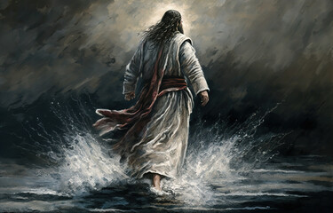 Watercolor painting, Christ walking on water, jesus walked on water, sea of galilee. Generative AI