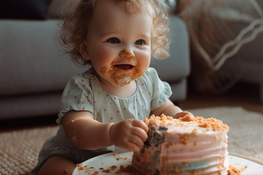 Baby's first birthday with birthday cake. Fictional person, not based on real people. Generative AI
