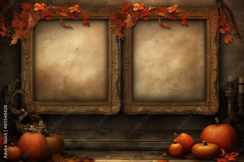 Canvas Prints Mockup of a picture frame with decorations for the changing of the seasons on a tiled wall. Halloween and Thanksgiving holiday poster design. Generative AI