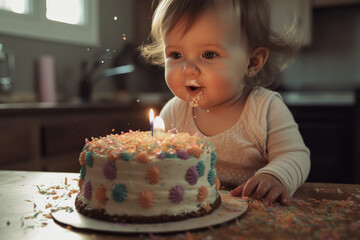 Baby's first birthday with birthday cake. Fictional person, not based on real people. Generative AI